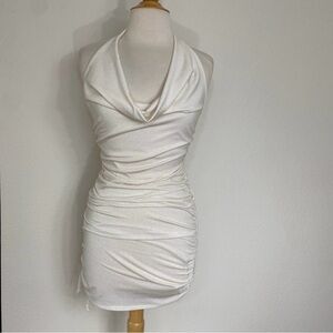 3/$25 New Rae Republic Cream Gold Glitter Ruche Stretch Halter Mini Dress Size S